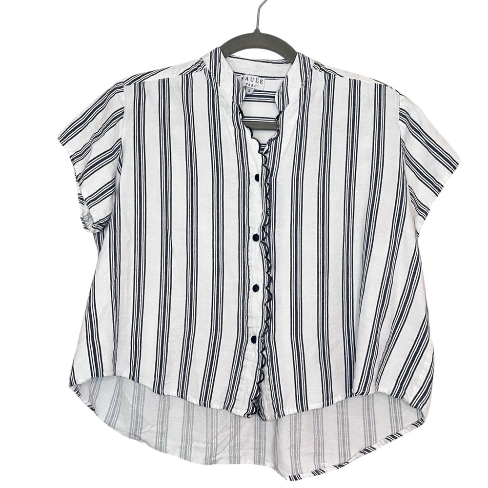 Saule Parc Linen Cotton Scalloped Button Front Striped Blue Blue White Small